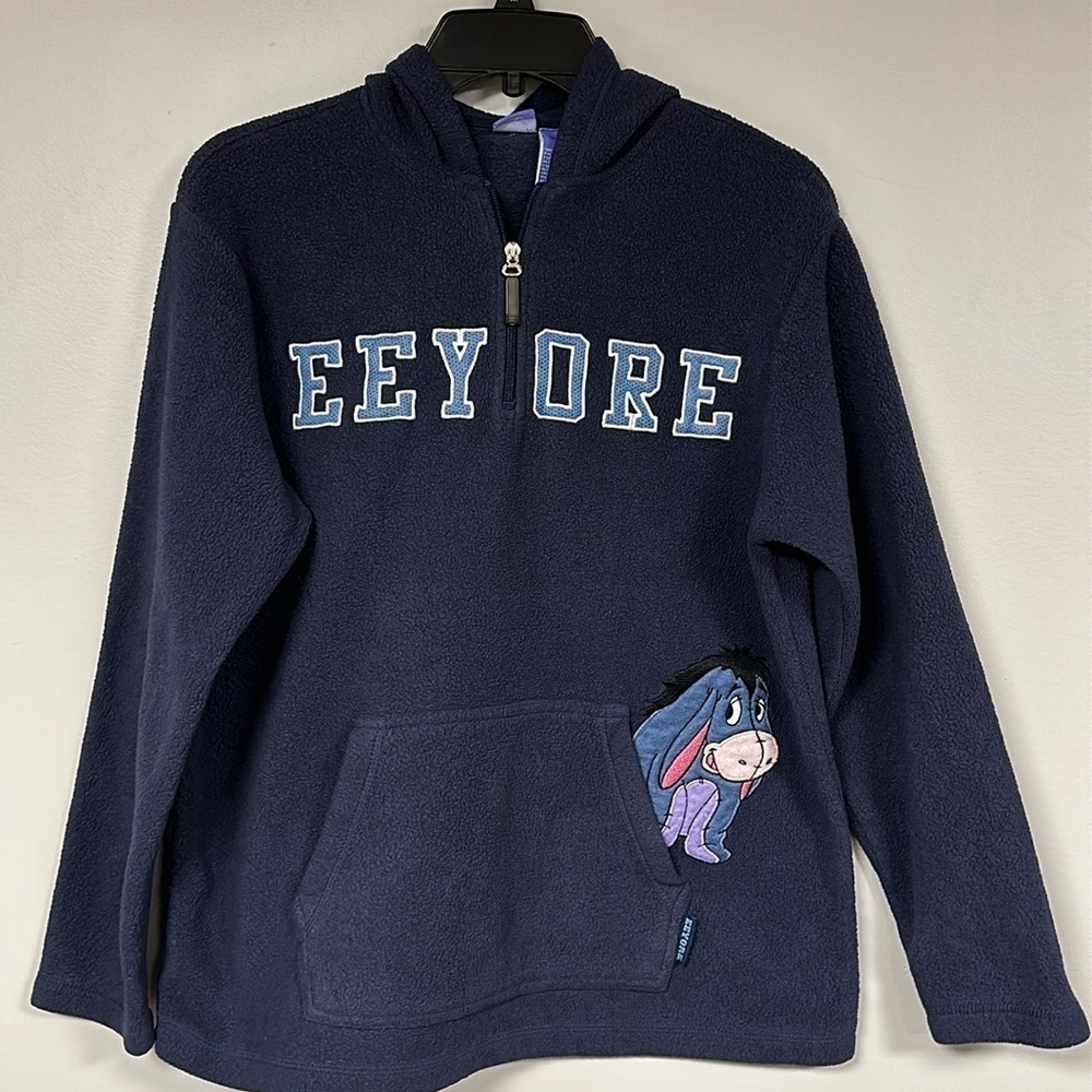 DISNEY EEYORE 1/4 Zip Fleece Hoodie Embroidered/Texture Design Navy Blue, M